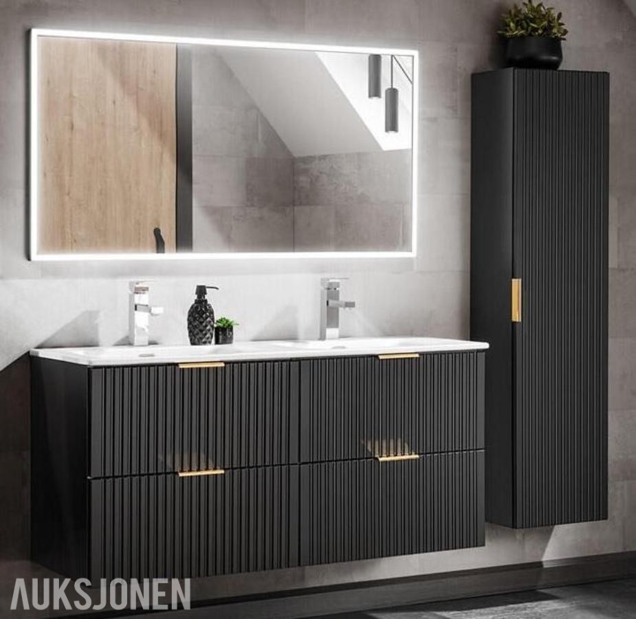 Komplett baderomspakke ADEL BLACK 120 cm – dobbelservant, Geberit, vegghengt toalett og Hansgrohe  